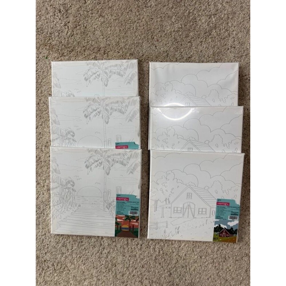 Lot of 6 The Spring Shop Canvas Paint Kits 11x11 Red Barn & Beach Sunset NWT